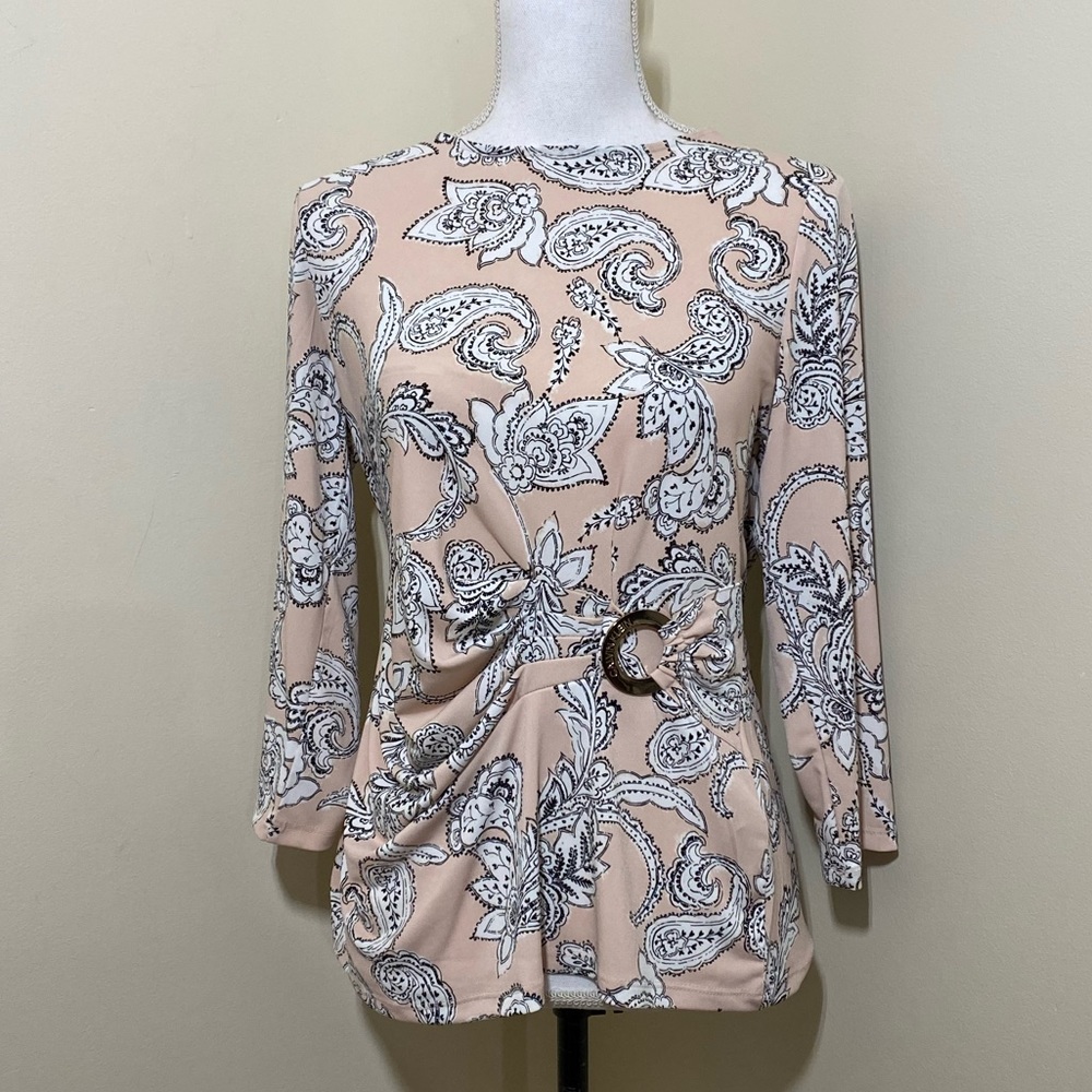 Calvin Klein Long Sleeve Blouse Medium Pastel Peach Black White NWOT